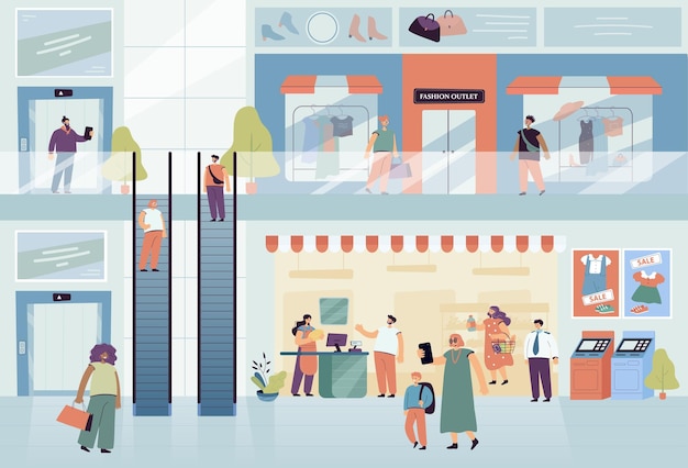 Intérieur Du Bâtiment Du Centre Commercial Avec Des Personnes Et Des Magasins De Détail. Centre Commercial Avec Magasins De Mode Et Supermarché, Illustration Vectorielle Plane Commerciale De Grand Magasin. Shopping, Concept De Style De Vie Urbain