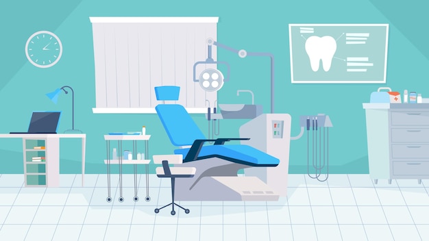 Vecteur intérieur du bureau du dentiste, bannière en dessin animé plat. fauteuil dentaire, équipement médical pour traitement stomatologique, poste de travail avec ordinateur, outils orthodontiques. illustration vectorielle de fond web