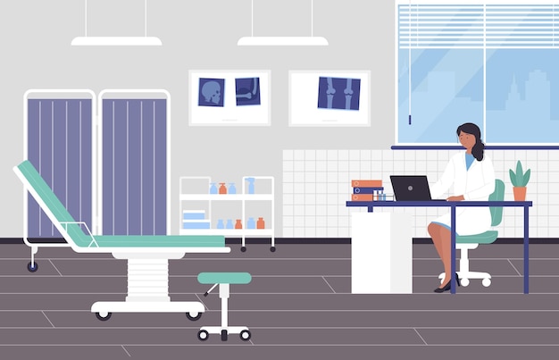 Intérieur du bureau médical avec une femme médecin attendant les patients thérapeute portant un uniforme