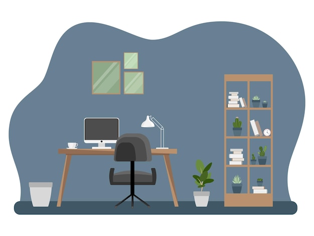 Vecteur intérieur du bureau avec mobilier. style de dessin animé plat. illustration vectorielle