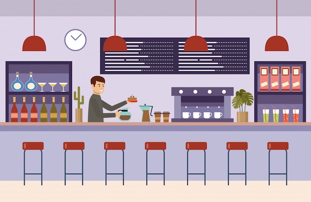 Intérieur du café. Salle de la barre. Barista tient une cafetière