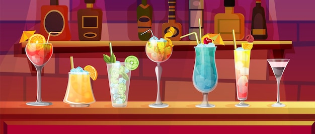 Vecteur intérieur du comptoir du bar avec divers cocktails restaurant avec verres d'alcool set d'aperol tournevis mojito tequila soleil levant bleu hawaïen sexe sur la plage b 52 illustration vectorielle
