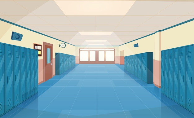 Intérieur du couloir de l'école avec portes d'entrée,