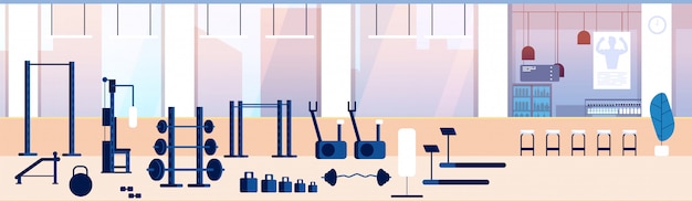 Vecteur intérieur du gymnase. salle de fitness avec équipement sportif, haltères et tapis roulant. barbell et banc pour l'entraînement. fond de vecteur