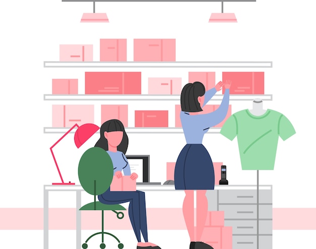 Intérieur Du Magasin De Vêtements. Buanderie Dans Une Boutique De Mode. Vêtements Pour Hommes Et Femmes. Personnel Du Magasin De Vêtements. Illustration En.