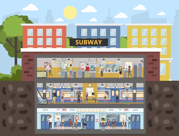 Intérieur Du Métro Avec Train Et Chemin De Fer. Les Passagers Achetant Des Billets, Attendant Le Transport Et Assis Dans Le Train. Illustration De Plat Vectorielle