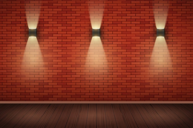 Vecteur intérieur du mur de briques rouges avec lampes et plancher en bois.