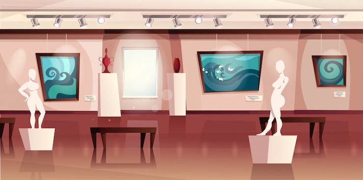 Vecteur intérieur du musée avec des œuvres d'art modernes sur les murs, des sculptures, des vases. galerie d'art avec exposition. illustration de dessin animé.