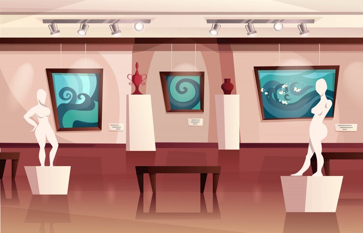 Vecteur intérieur du musée avec des œuvres d'art modernes sur les murs, des sculptures, des vases. galerie d'art avec exposition. illustration de dessin animé.
