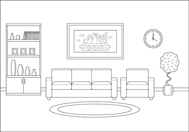 Intérieur Du Salon Au Design Plat D'art En Ligne. Illustration Vectorielle.