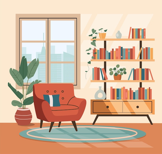 Intérieur du salon Chaise confortable étagère à fenêtre Illustration de dessin animé vectoriel plat
