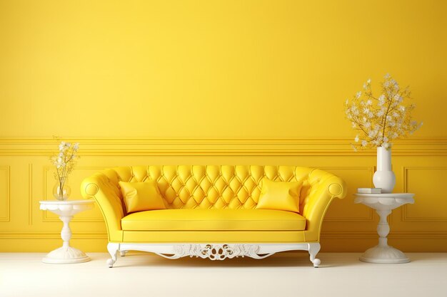 Vecteur l'intérieur du salon minimaliste orange avec canapé sur un décor de plancher en bois sur un grand mur blanc
