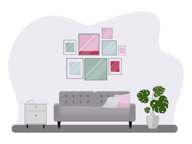 Intérieur du salon avec mobilier. Style de dessin animé plat. Illustration vectorielle
