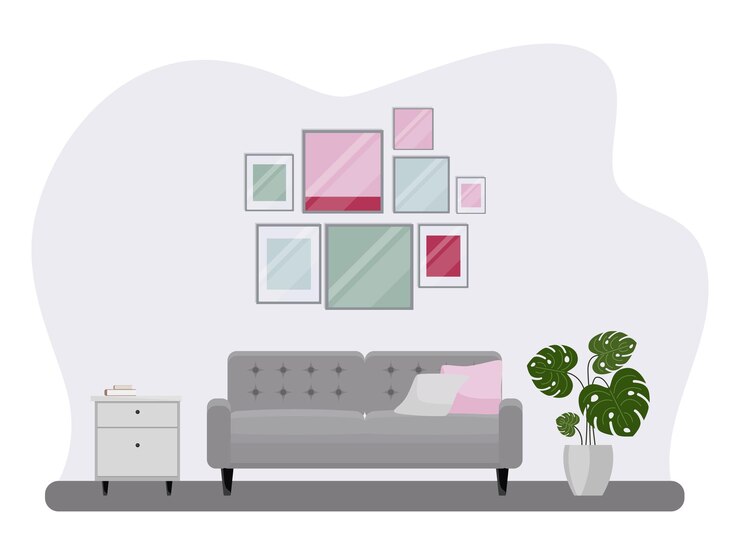 Intérieur du salon avec mobilier. Style de dessin animé plat. Illustration vectorielle