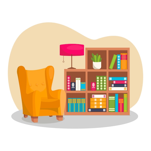 Intérieur du salon. Vecteur, pas de fond. Fauteuil, lampe, bibliothèque, plante en pot, beaucoup de livres.