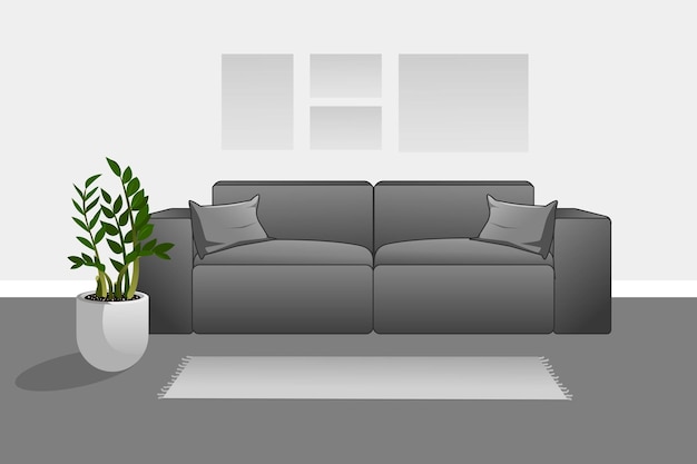 Vecteur l'intérieur du salon vectoriel dans un style minimaliste sans fond canapé gris avec oreillers tapis