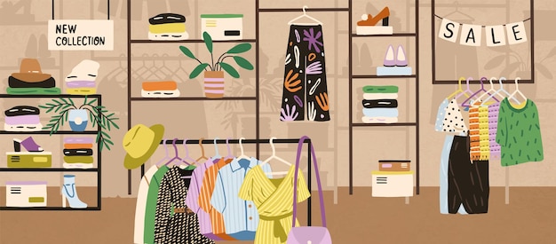 Intérieur de l'illustration vectorielle plate de la boutique à la mode moderne. Assortiment de vêtements, chaussures et accessoires colorés sur étagères et cintres. Centre commercial ou zone de magasin avec différents produits.