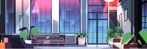 intérieur loft moderne de bureau à domicile espace ouvert de nuit avec des meubles pour le travail d'entreprise ou indépendant créatif vide aucun peuple appartement design illustration vectorielle horizontale