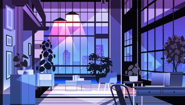 Intérieur loft moderne du bureau à domicile à espace ouvert de nuit avec des meubles pour le travail d'entreprise ou indépendant