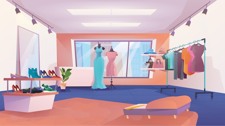 Vecteur intérieur de magasin de vêtements en style cartoon plat