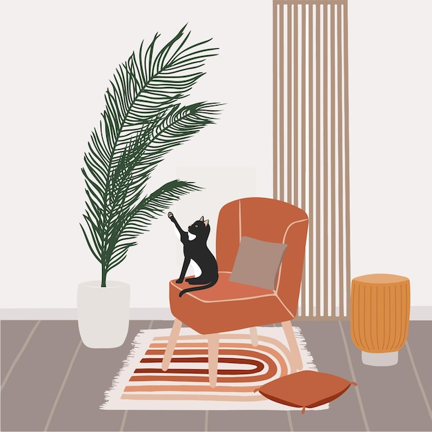 Intérieur de maison moderne avec miroir de canapé végétal style intérieur bohémien du milieu du siècle illustration vectorielle