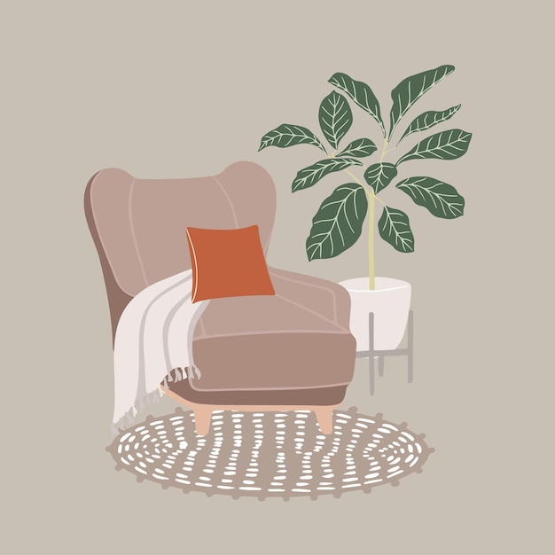 Intérieur de maison moderne avec plante de tapis de chaise style intérieur bohémien du milieu du siècle illustration vectorielle