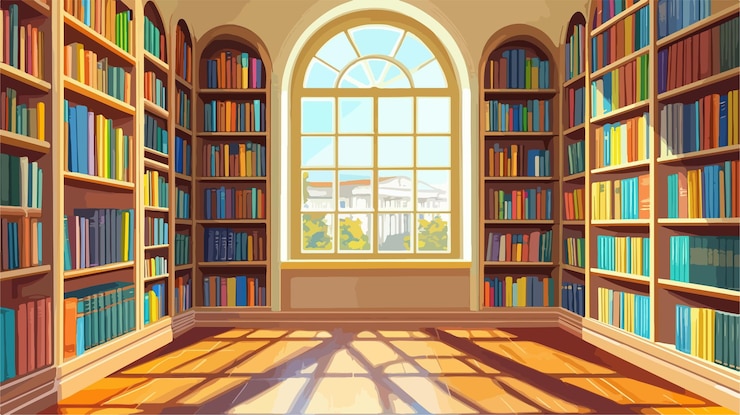 Vecteur l'intérieur moderne de la bibliothèque avec des étagères organisées et une salle de lecture