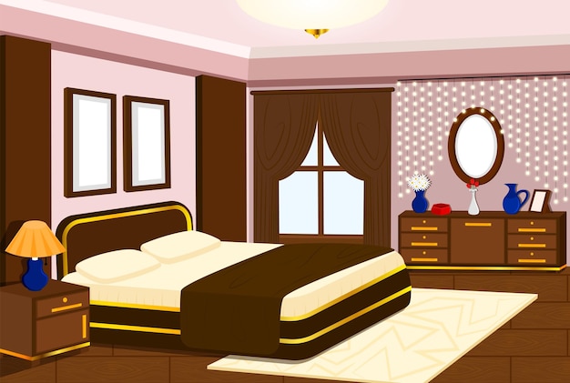 Vecteur l'intérieur moderne de la chambre à coucher avec des meubles en bois et des lumières à cordes