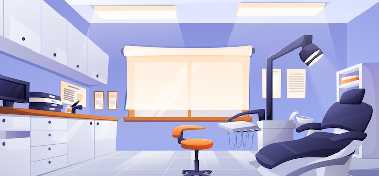 Vecteur l'intérieur moderne de la clinique dentaire avec un équipement médical confortable et un design propre et lumineux