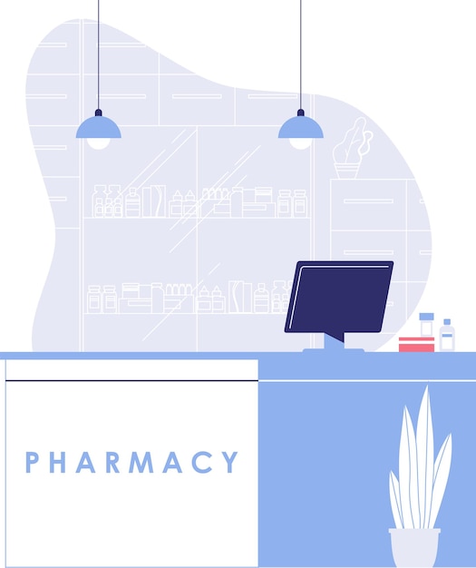 Vecteur intérieur de la pharmacie avec comptoir, ordinateur, espèces et étagères