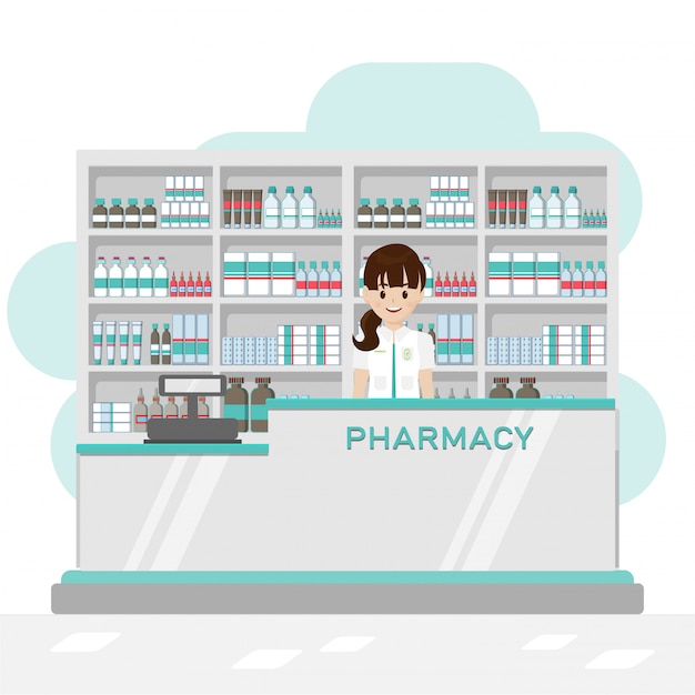 Vecteur intérieur de pharmacie avec pharmacien et guichet