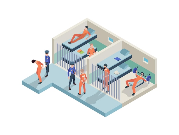 Intérieur de prison. Prisonniers assis devant des caméras marchant avec des gardes de police dans des salles de prison, vecteurs isométriques. Illustration de l'intérieur de la prison avec un policier et un prisonnier criminel