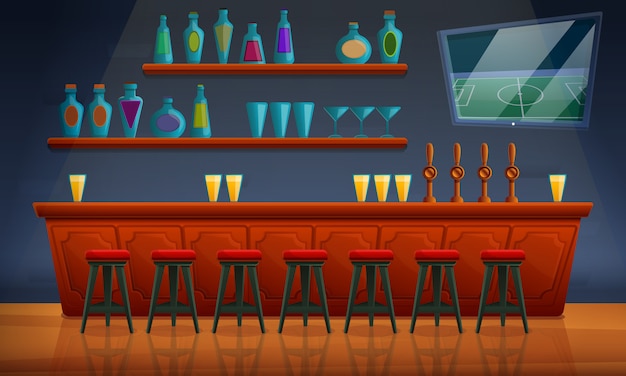 Intérieur D'un Pub Avec Des Chaises Et Un Assortiment D'alcool, Illustration Vectorielle