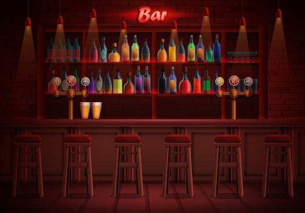 Intérieur d'un pub avec des chaises et un assortiment d'alcool, illustration