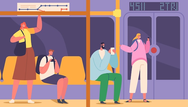 Intérieur De La Rame De Métro Avec Des Personnages Masculins Ou Féminins Jeunes Et Adultes Citoyen Dans Le Métro Souterrain Personnes Dans Les Transports