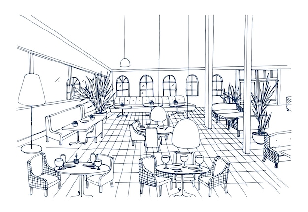 Vecteur intérieur de restaurant ou de café chic avec sol à carreaux et mobilier élégant dessiné à la main en noir