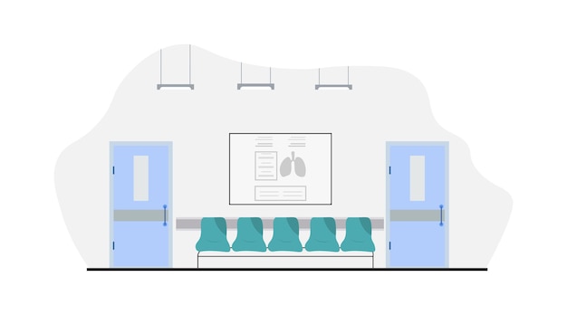 Vecteur intérieur de la salle d'attente pour le patient à l'hôpital intérieur de réception de l'hôpital moderne avec mobilier et équipement illustration vectorielle