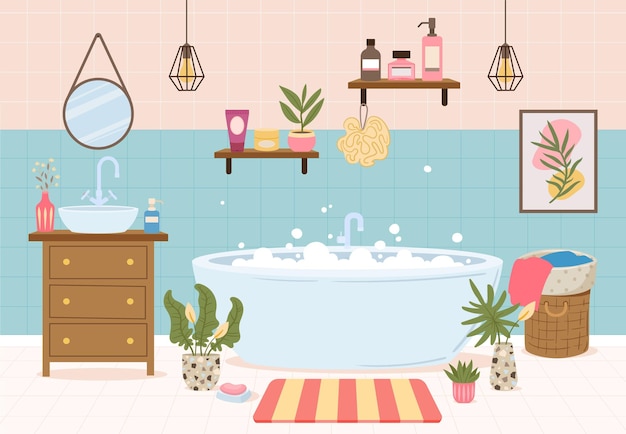 Vecteur intérieur de salle de bain moderne de dessin animé avec baignoire de meubles et illustration vectorielle de plantes en pot