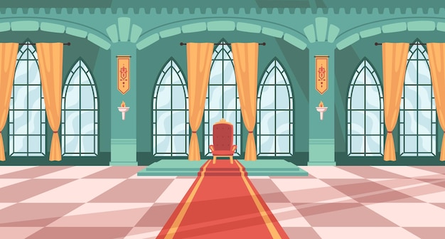 Vecteur intérieur de la salle de bal royale du château avec chaise king