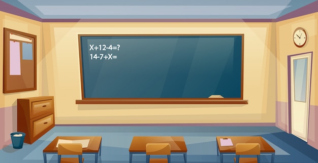 Intérieur de la salle de classe avec bureau et planche