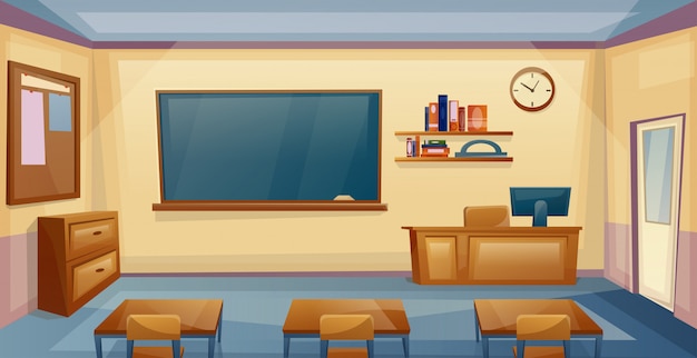 Intérieur de la salle de classe avec bureau et planche.