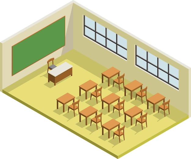 Intérieur de la salle de classe isométrique à bureau unique