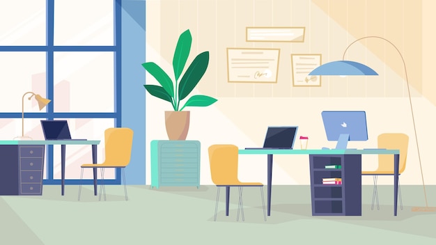 Intérieur de la salle des programmeurs, bannière en dessin animé plat. Bureau à l'intérieur avec lieu de travail, ordinateur et ordinateurs portables sur le bureau, certificats au mur, plante et décor. Illustration vectorielle de fond web