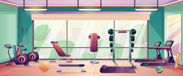 Intérieur de la salle de sport de dessin animé avec équipement de fitness Illustration vectorielle dans un style plat