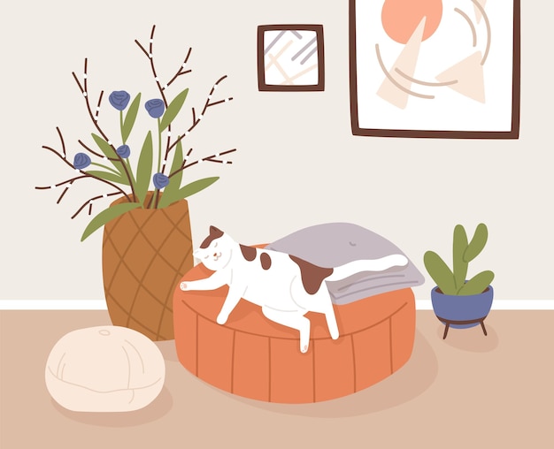 Intérieur De Salon Confortable Avec Chat Endormi, Plantes D'intérieur En Pot Et Décorations Pour La Maison. Animal Mignon Allongé Sur Un Pouf Dans Une Maison Confortable Et Moderne. Douceur De Vie Des Animaux Domestiques. Illustration Vectorielle Plane