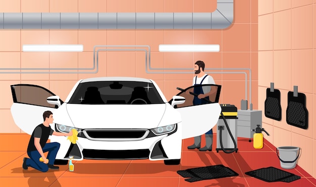 Intérieur de service de lavage de voiture Station de nettoyage de lave-auto Voiture de berline blanche propre Travailleur avec aspirateur Homme polissant essuyant le phare Véhicule aux fenêtres teintées Tapis noirs Illustration vectorielle
