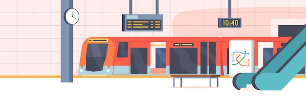 Vecteur intérieur de la station de métro avec train et ascenseur, plate-forme de métro vide avec carte, horloge et banc, design d'intérieur souterrain. métropolitain, chemin de fer, chemin de fer public. illustration vectorielle de dessin animé