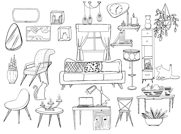 Vecteur intérieur vectoriel du salon croquis noir et blanc dessinés à la main doodles ensemble de meubles dans le style du milieu du siècle