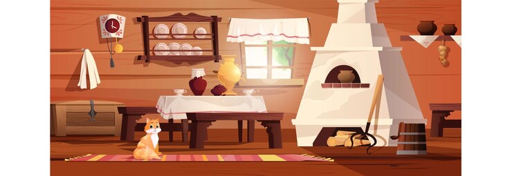 Intérieur vide de la cabane russe avec chat. Ancienne cuisine russe avec cuisinière