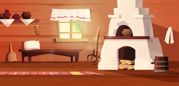 Intérieur Vide De La Cabane Russe. Cuisine Russe Ancienne Avec Cuisinière, Pots, Banc, Tapis, Balai, Poignée, Fenêtre Avec Rideau, Tapis. Illustration De Dessin Animé.